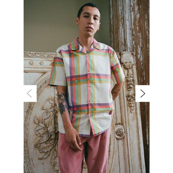 UO Madras Grid Plaid Seersucker Button-Down Shirt Size M - Picture 1 of 12